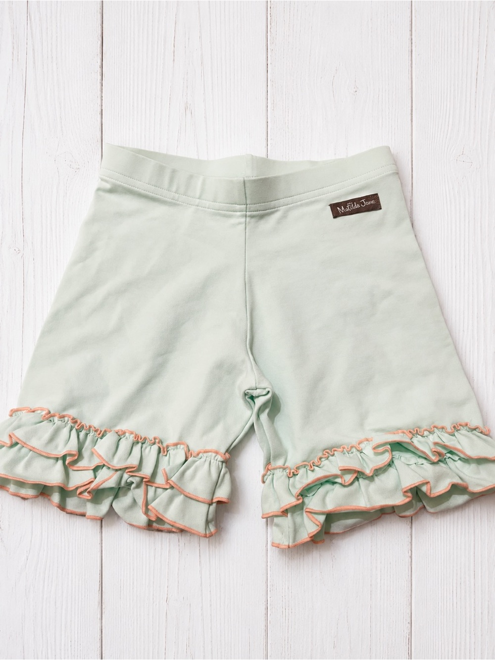 Matilda Jane Mint Ruffle Bike Shorts with Coral Trim size 8